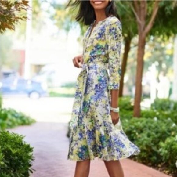 Talbots Cotton Tie Waist Button-Down Split Neck Yellow/Blue Floral Dress Size 4 - Picture 16 of 16